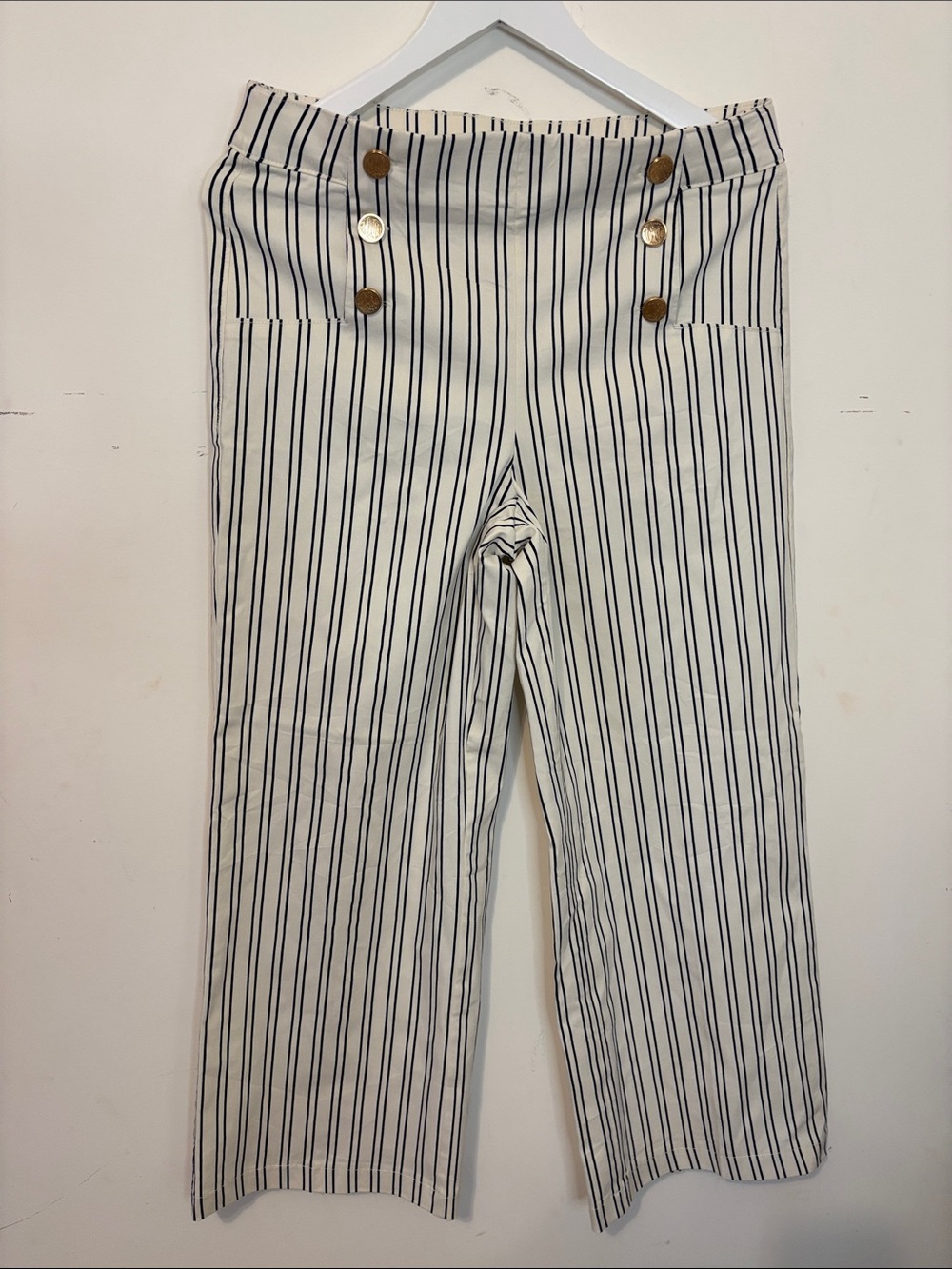 Jules & Leopold White Pants with Navy Pinstripes and Gold Buttons